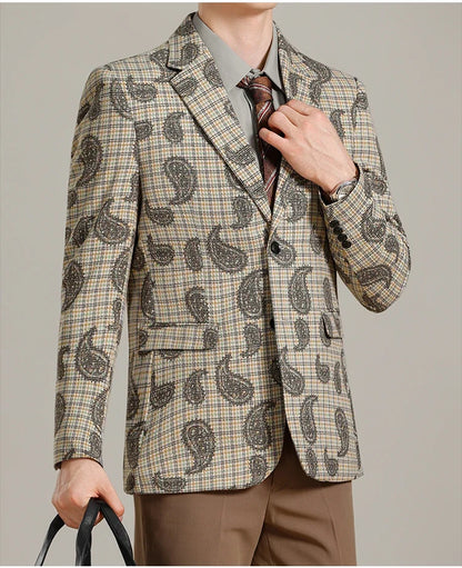 Autumn Winter Cashew Plaid Suit Jacket Men Fashion Casual Embroidered Jacquard Suit Jackets Business Social Party Men Blazers