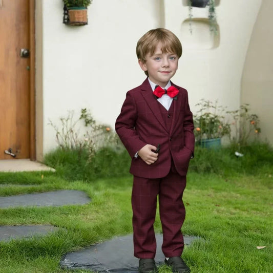 Children Red Jacket Vest Pants Bowtie 4Pieces/Set Formal Wedding Suit Boys Host Piano Performance Costume Kids Birthday Outfit