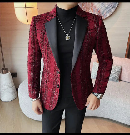 British Style Woven Suit Jacket Men Fashion Plaid Casual Business Blazer Gentleman Versatile Banquet Party Groom Wedding Coats