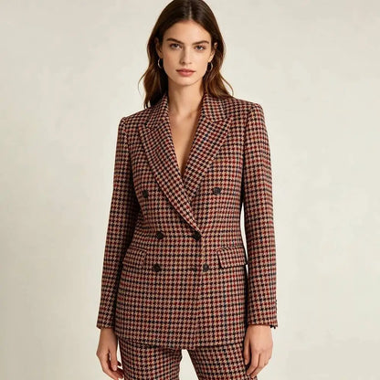 Luxury Vintage 2 Piece Suits High Quality Women's Houndstooth Double Breasted Peak Lapel Blazer Fashin Customzied Jacket Pants