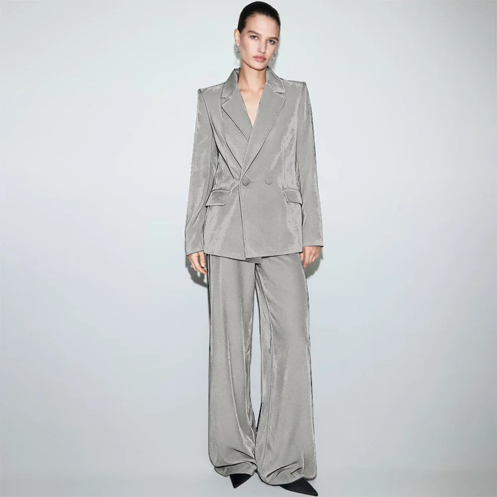 Luxury Navy Blue Velvet Women's Suit Two Piece(Jacket+Pants) Set Double-Breasted Notch Lapel Blazer Elegant Formal Evening Wear