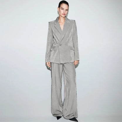 Luxury Navy Blue Velvet Women's Suit Two Piece(Jacket+Pants) Set Double-Breasted Notch Lapel Blazer Elegant Formal Evening Wear