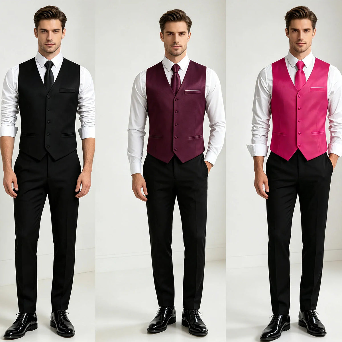 Men's Formal Vest Suit Set — Solid Color Waistcoat with Tie & Pocket Square for Weddings & Parties