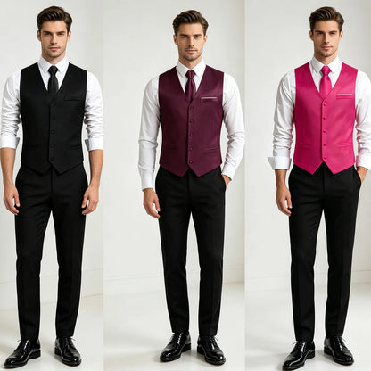 Men's Formal Vest Suit Set — Solid Color Waistcoat with Tie & Pocket Square for Weddings & Parties