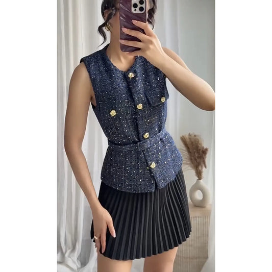 Sequin Textured Vest with Belt Women Evening Dress Slim Fit Elegant Party Gowns