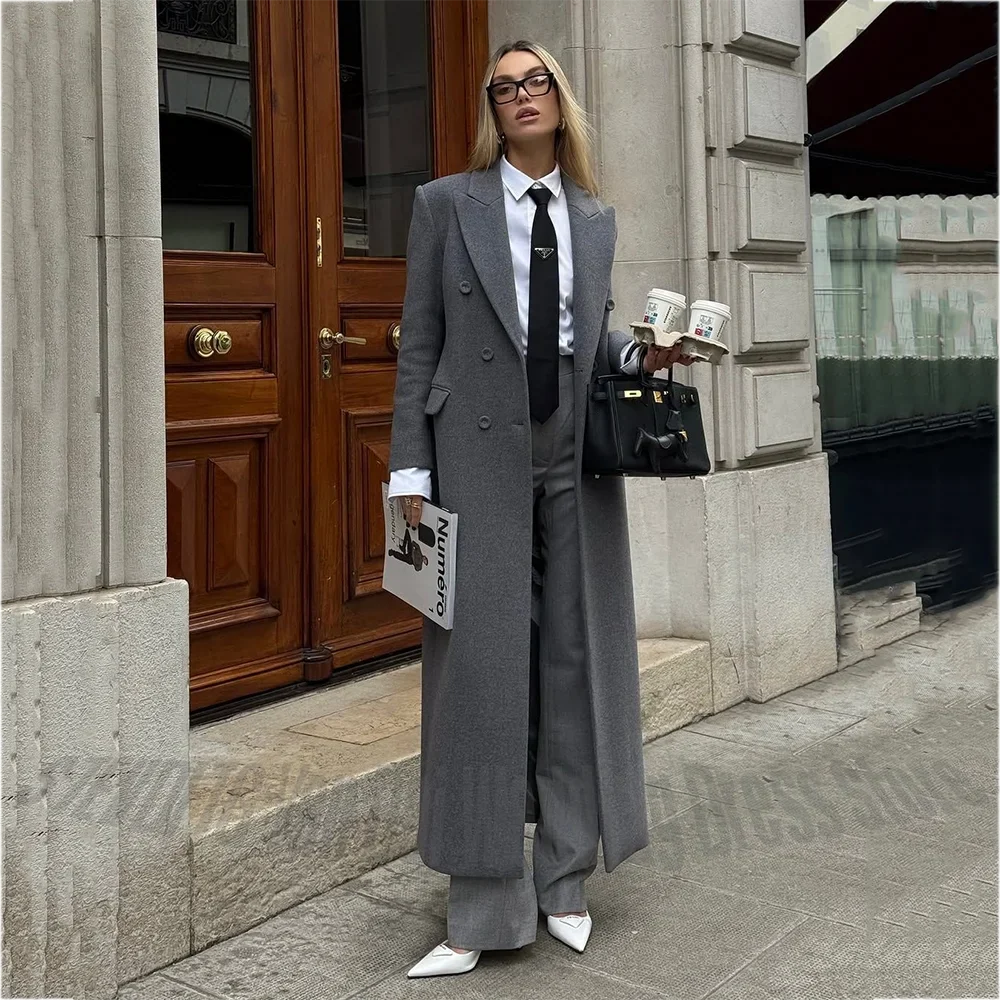 Chic Peak Lapel Women Suit Overcoat Autumn Winter Single Button Maxi Coat Straight Elegant Office Lady Formal Long Jacket Pants