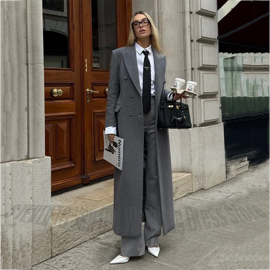 Chic Peak Lapel Women Suit Overcoat Autumn Winter Single Button Maxi Coat Straight Elegant Office Lady Formal Long Jacket Pants