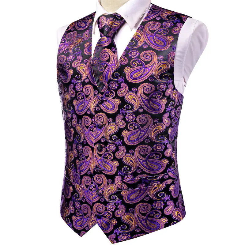 Men's Double Breasted Jacquard Waistcoat Vest Tie Pocket Square Set – Ivory Paisley Wedding & Formal Suit