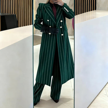 Burgundy Women's Suits Pinstripe Double Breasted Peaked Lapel Long Coat+Pants Set Elegant Formal Office Evening Party Outfit