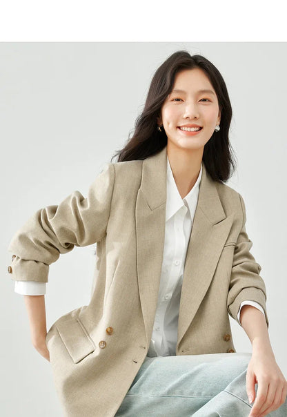 VIMLY Khaki Tailored Coat For Office Ladies 2026 Spring Notched Double Breasted Women Jacket Casual Business Outerwear M5180