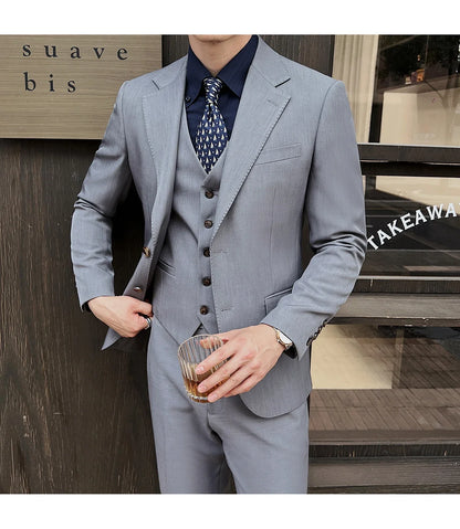 ( Jacket+Vest+Pants ) ltalian Style Luxury High-end Fashion Solid Color Mens Business Slim Suit 3Piece Set Groom Wedding Tuxedo