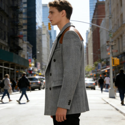 Men's Vintage Herringbone Blazer Contrast Shoulder Patches Double Breasted Wool Blend Suit Jacket Slim Fit Casual Business Coat