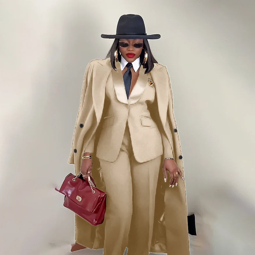 Modern Women's Suit New 3 Piece Pants Sets Blazer+Trousers+Overcoat Office Commute Elegant Style Banquet Dinner Formal Wear