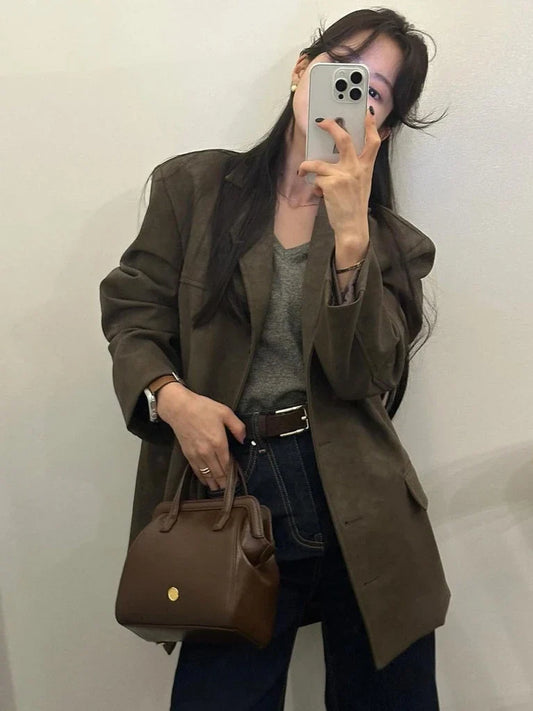 Retro Chic Suede Suit Jaet Women's Single Button irt Korean Sle Commute Long Sve Pure Color Faion Trend