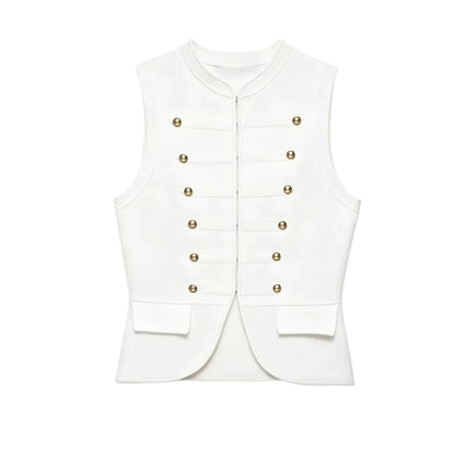 Women Elegant Solid Sleeveless Vest Double Breasted Decorative Slim Fit Short Chic Top 2026 Summer Casual Beach Vacation Top