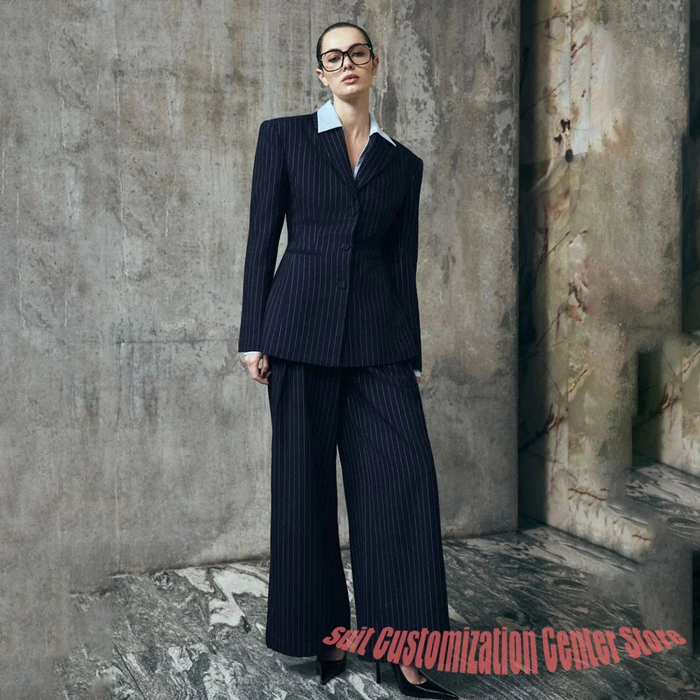 Navy Pinstripe Tailored Women's Jacket Pants Sets Single Breasted Notch Lapel Blazer Sophisticated Business Office Lady Suit