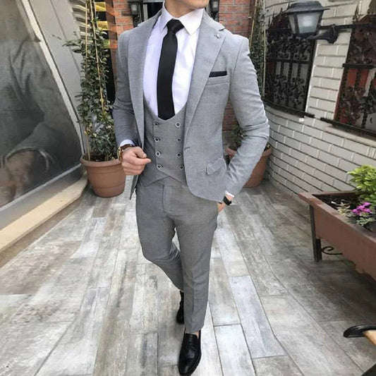 Gray Slim Fit Men Suit For Groom Tuxedos 3 Piece Male Fashion Set Jacket With Pants Vest For Wedding Evening Prom