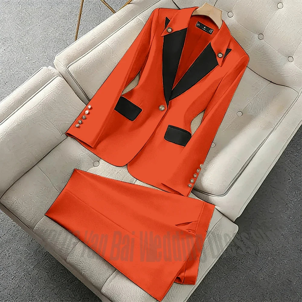 New Unique Women Pant Suit Contrast Color Modern Outfit One-Button Peaked Lapel Casual Fashion Daily Female Clothes Set 2 Piece