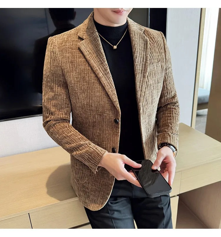 2025 Winter Chenier Thick Suit Jacket for Men Korean Slim Fit Casual Business Men Blazers Wedding Groom Office Social Dress Coat