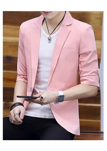 Summer 2025 Men's Mid-Sleeve Slim Fit Suit Korean Style Handsome Youth Seven-Quarter Jacket Small Suit Collection