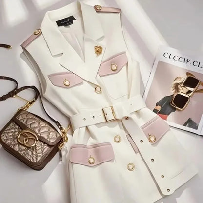Y2k Vintage Block Coffee Blazers Vest Women Korean Sleeveless Jackets Coat Belt Women Temperament Formal Outerwear Office Lady