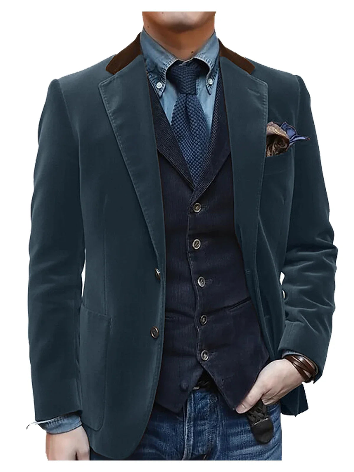 Men Velvet Blazer Contrast Brown Lapel Single Breasted Flap Pockets Smart Casual Business Streetwear Formal Outerwear