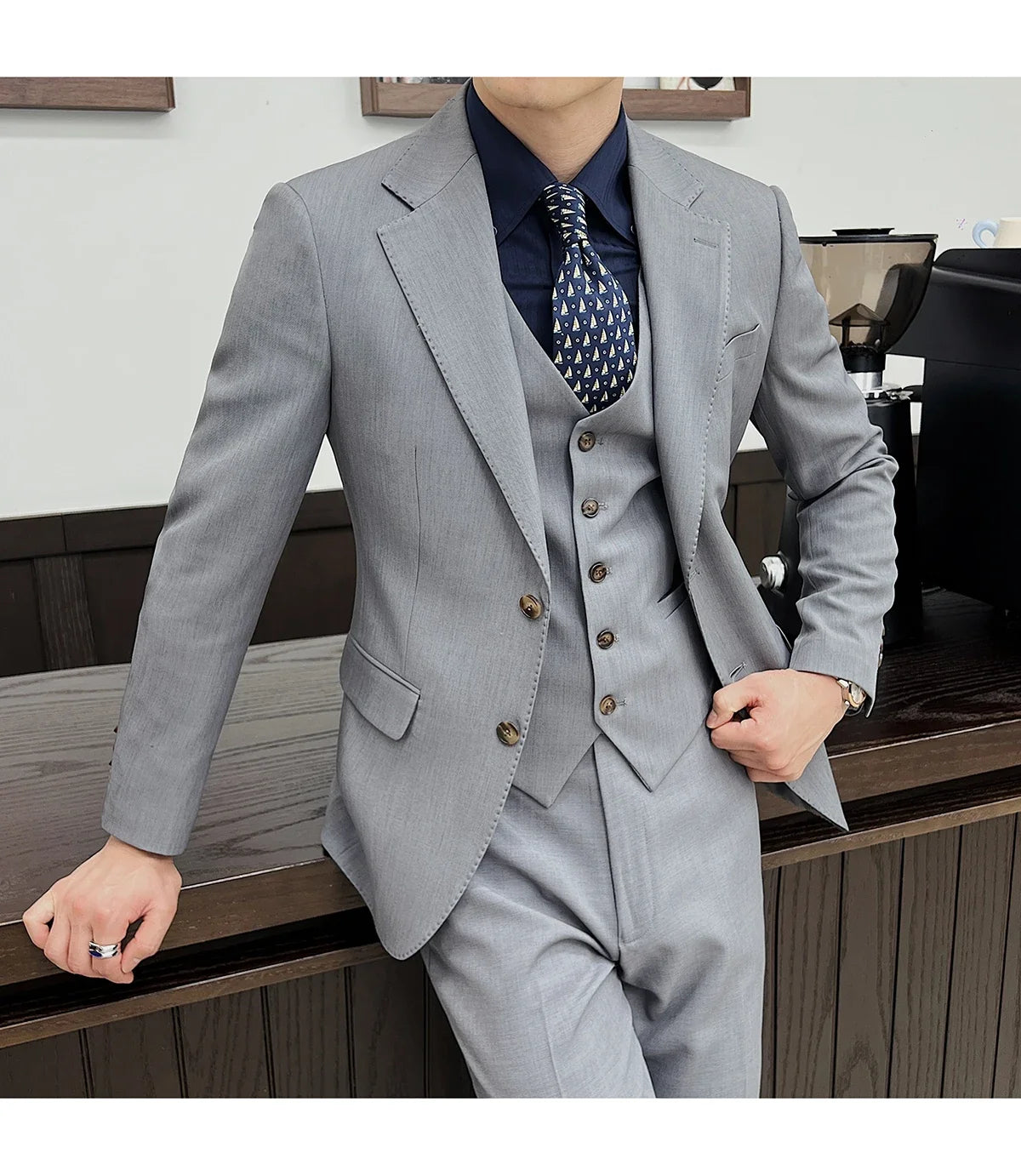 ( Jacket+Vest+Pants ) ltalian Style Luxury High-end Fashion Solid Color Mens Business Slim Suit 3Piece Set Groom Wedding Tuxedo