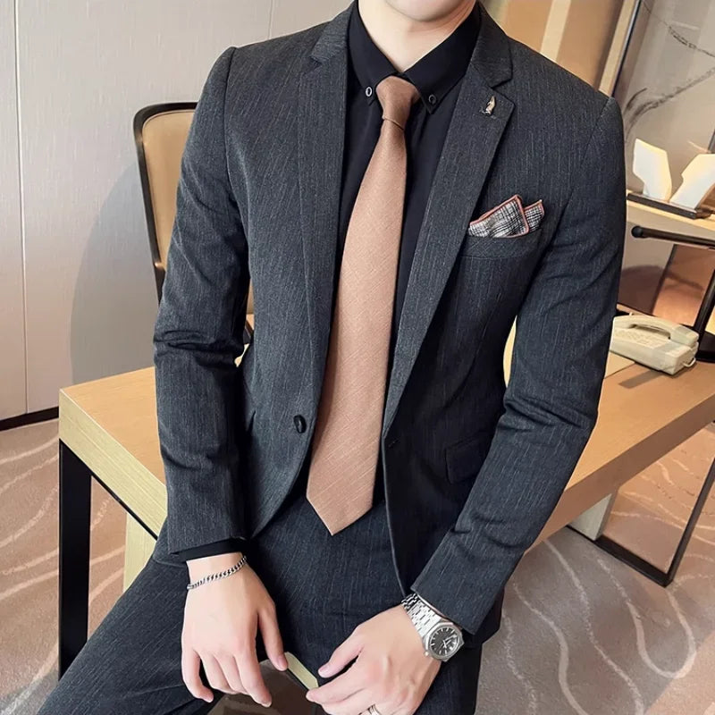 7XL 6XL(Jacket+Pant）Fashion Striped Men Slim Fit Suit Groom Wedding Tuxedo Formal Business Party Slim Fit Social Stage Costume