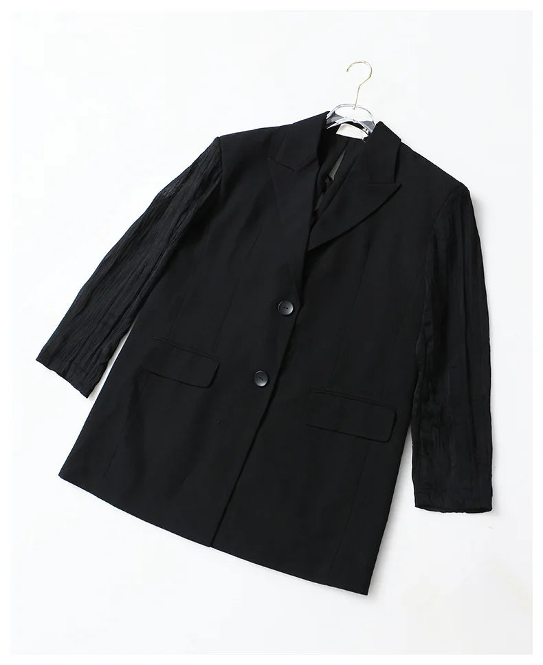 Women Chic Blazer Pleated Long Sleeves Single Breasted Notched Collar Back Lace-up Elegant Ins Coat New Spring 2026 HK19456
