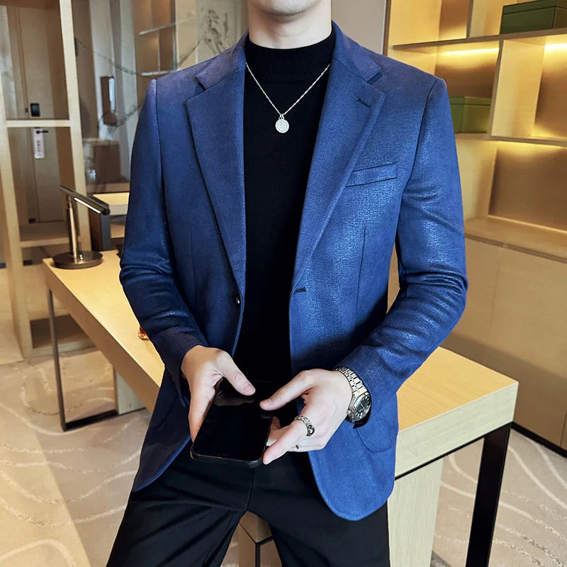 Vintage Suede Line Bronzing Striped Suit Coats 2025 Autumn New High Quality Men Slim Business Social Formal Suit Coats Tailcoat