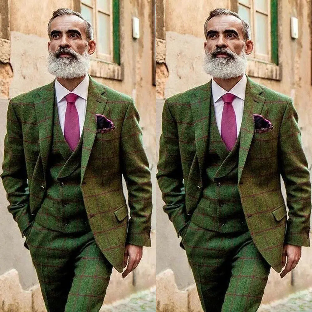 Costume 3 pièces élégant pour homme - Mélange de laine à carreaux vert - Tuxedos de mariage vintage style occidental - Ensemble de costumes d'affaires formels (Veste+Gilet+Pantalon)