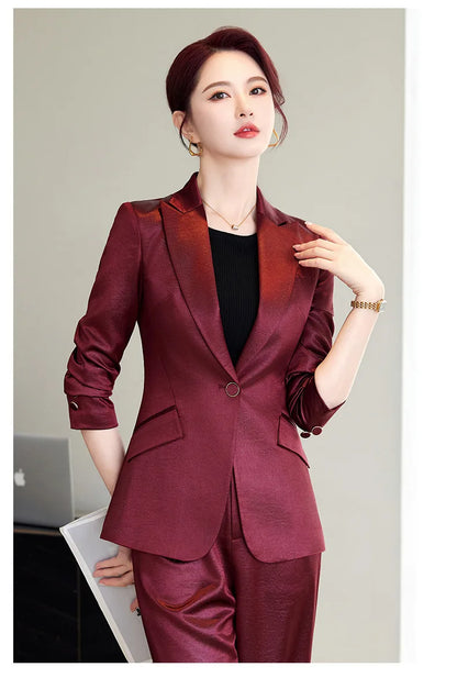 High Quality Women Purplish Red Pant Suit Female Solid Single Button Blazer and Trouser 2 Piece Set For Office Ladies Work Wear