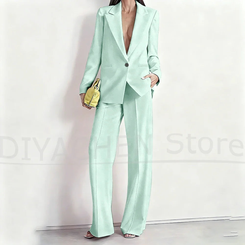 Women's Suit Set Peak Lapel One Button Blazer and Wide-Leg Pants Fashion Formal Casual Party Office Stylish Pants Sets Two Piece