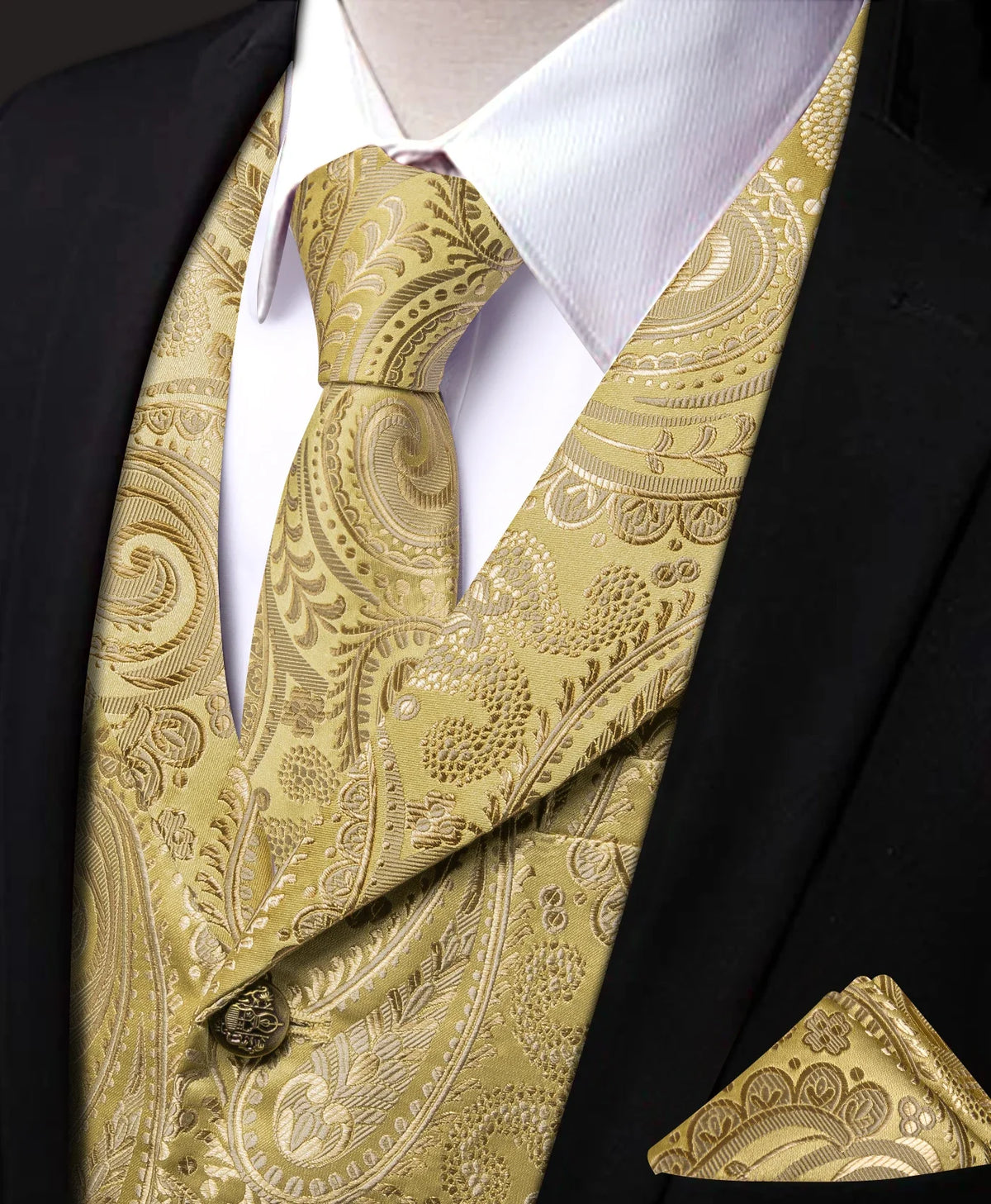 Men's Paisley Waistcoat Vest with Tie Hanky Cufflinks Set for Wedding and Banquet