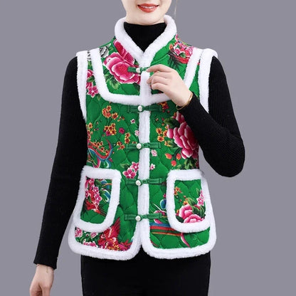 Middle-aged Mother Add Velvet Warm Vest Coat Autumn Winter New Printed Fleece Sleeveless Jacket Grandma Thicken Warm Waistcoat