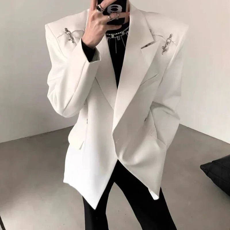 Men's Premium Korean Style Single-Breasted Casual Blazer Set Autumn Trendy Split-Design Loose Fit Elegant Jacket Outerwear