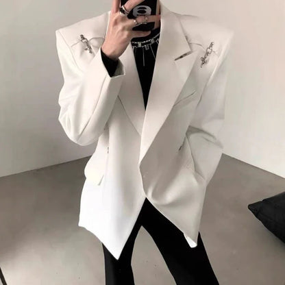 Men's Premium Korean Style Single-Breasted Casual Blazer Set Autumn Trendy Split-Design Loose Fit Elegant Jacket Outerwear