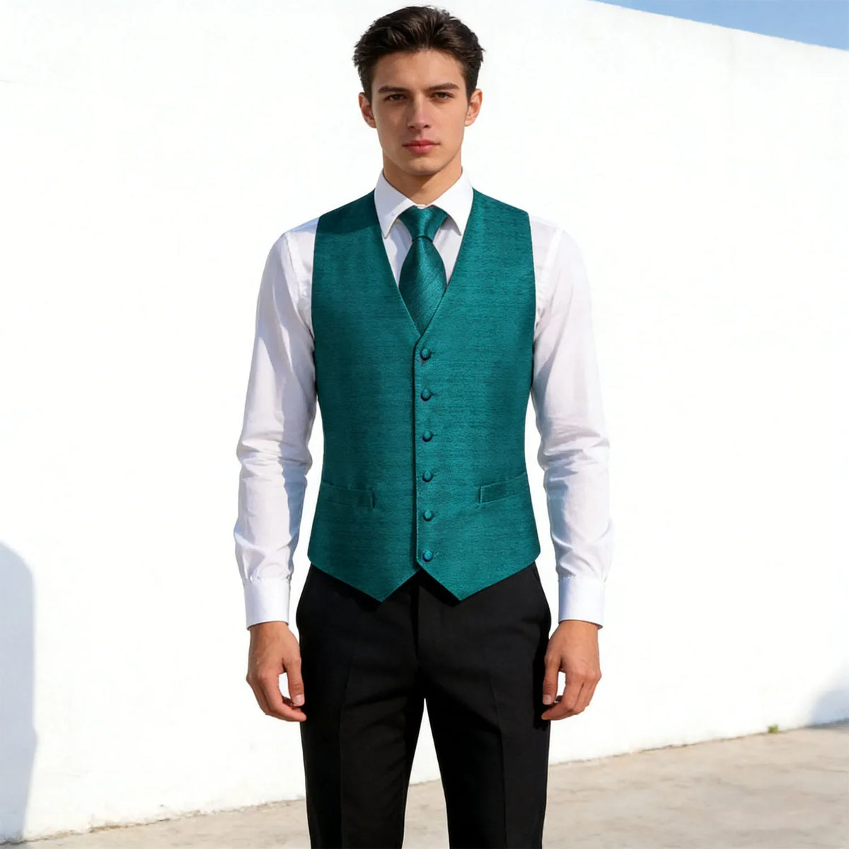 Men's Vest Matching Tie Set – Teal Textured Formal Waistcoat for Weddings and Business Events