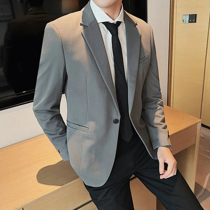 High-Quality Fashionable Men's Slim Fit Business Suit Jacket Autumn Wear Korean Style Pure Color Tweed High-End Feel