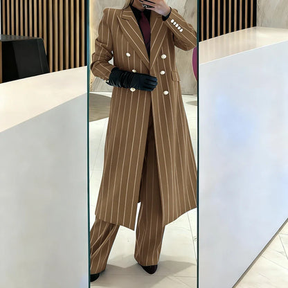 Burgundy Women's Suits Pinstripe Double Breasted Peaked Lapel Long Coat+Pants Set Elegant Formal Office Evening Party Outfit