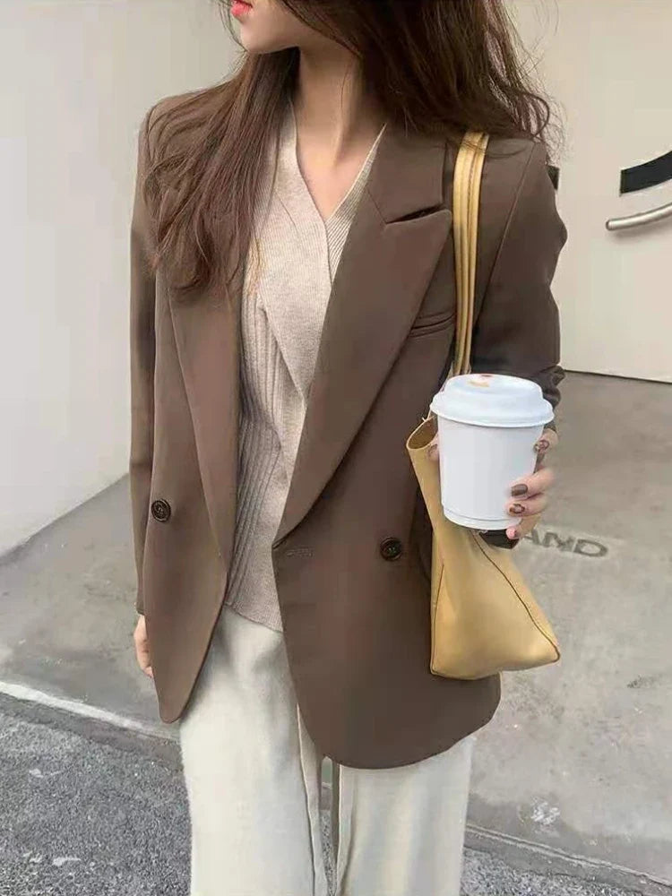 Women's 2025 SS FW Brown Double Breasted Loose Blazer Korean Trendy Casual Workwear Slimming Chic Fashion Internet Hot Jacket