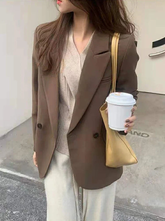 Women's 2025 SS FW Brown Double Breasted Loose Blazer Korean Trendy Casual Workwear Slimming Chic Fashion Internet Hot Jacket