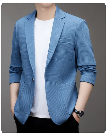 New men's suit jacket with non-stretch flat collar, waffle pattern, for business casual and fitted formal wear.