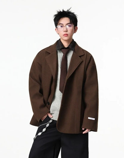 Men's British Style Brown Wool Blend Blazer Korean Loose Lapel Chic Autumn Fashion Suit Jacket