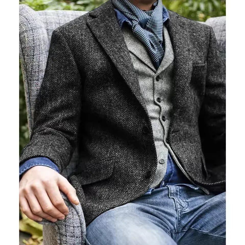 Mens Blazer Herringbone Single Breasted Casual Jacket Fashion Comfort Business Suit Slim Fit Tapered Waist Elegant Mens Jacket