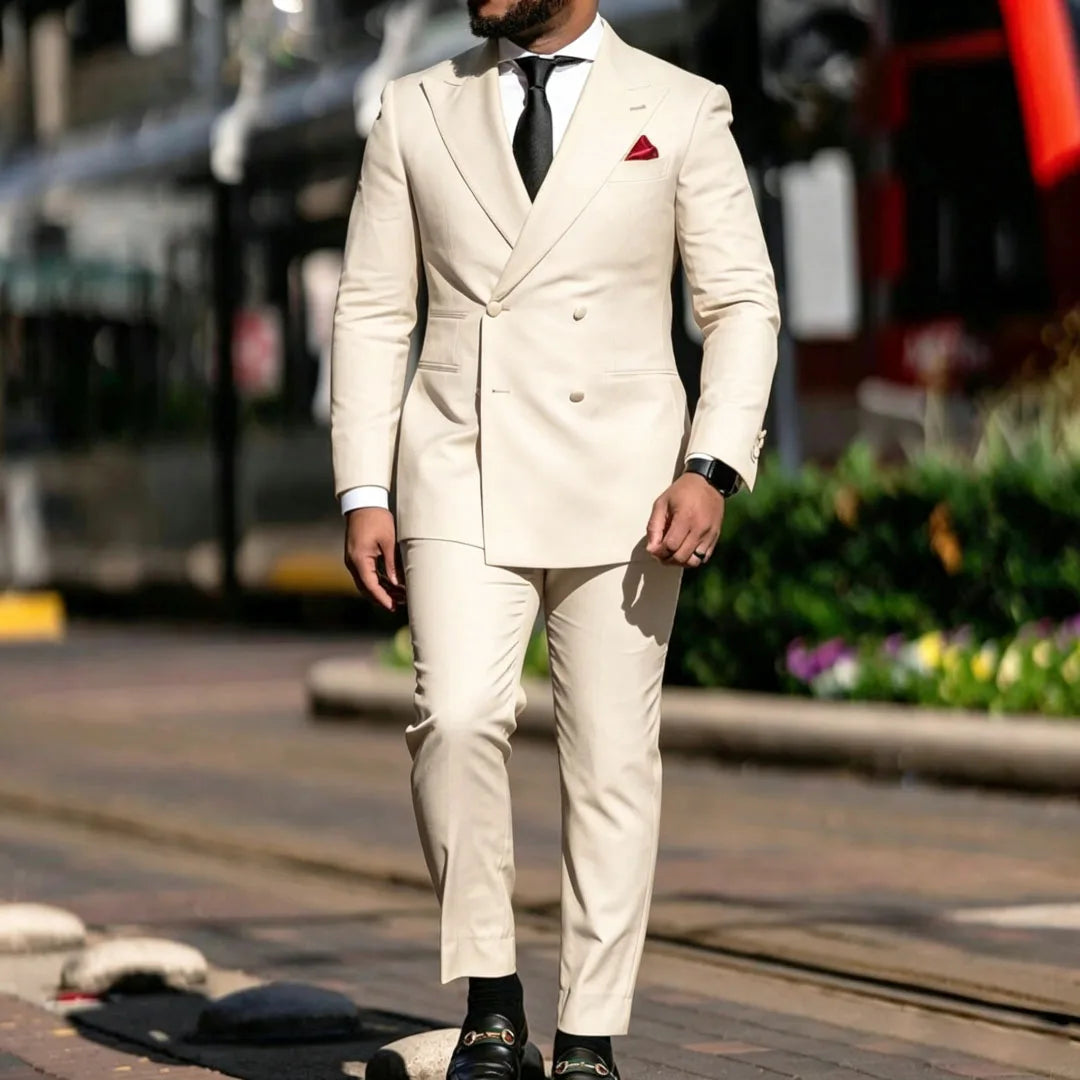 Men Suit Yellow 2 Pieces Double Breasted Solid With Lapel For Wedding Groom Banquet Party Prom Business Work Office Jacket Pants