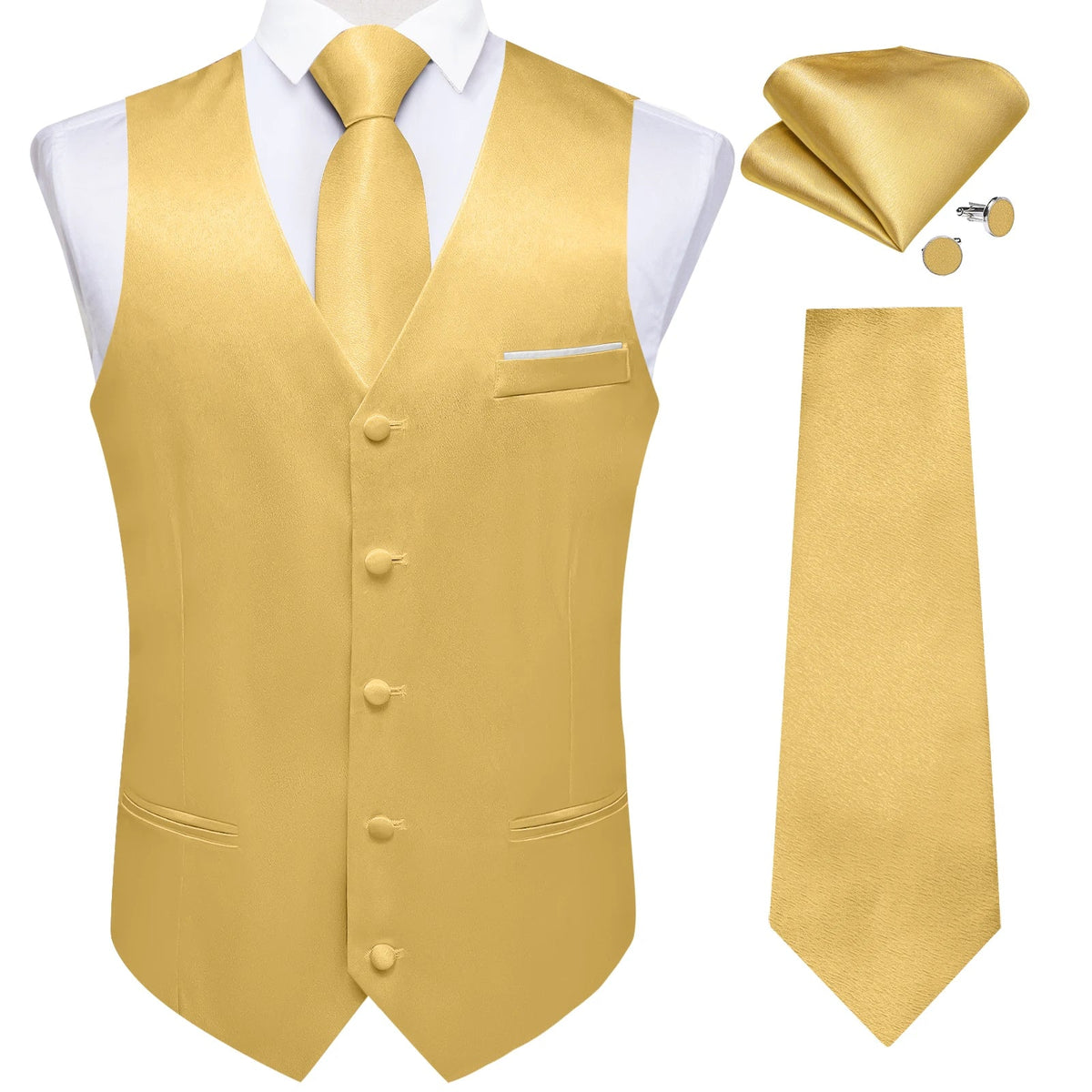 Men's Satin Suit Vest Set with Tie Handkerchief and Cufflinks for Wedding and Prom