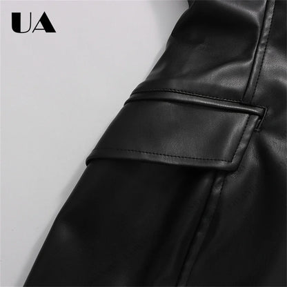 Colorblock Faux Leather Blazer with Notch Lapel Cuff Straps for Street Style Fashion Week Suit Jacket Club Night Blazer