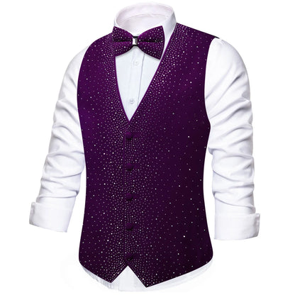 Men's Velvet Vest with Bow Tie – Slim Fit Purple Rhinestone Formal Waistcoat for Wedding & Party