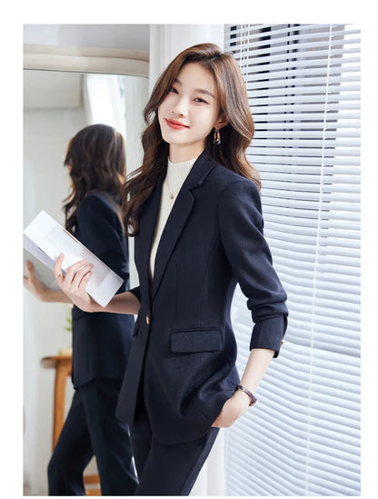 Pink Blue Black Women Pant Suit High Quality 2 Piece Set Office Ladies OL Girl Formal Jacket Blazer And Trousers For Work Wear